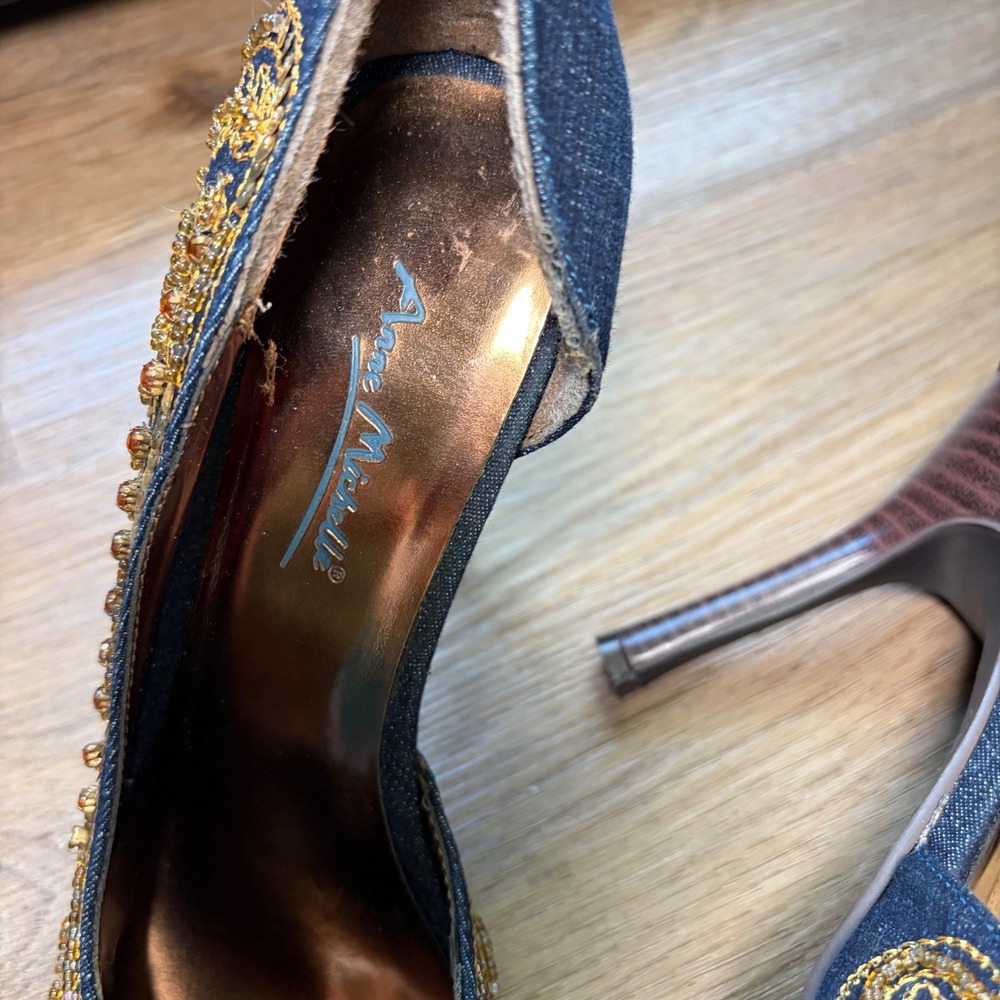 Beaded Y2K Fairy Denim Embellished Pointed Toe Pumps Gold Sequin Heels Size 8.5 - Picture 3 of 6